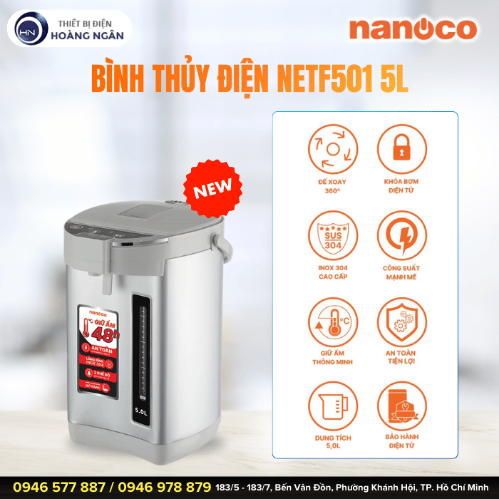 Bình Thủy Điện Màu Trắng Nanoco NETF501 5L - 1600W