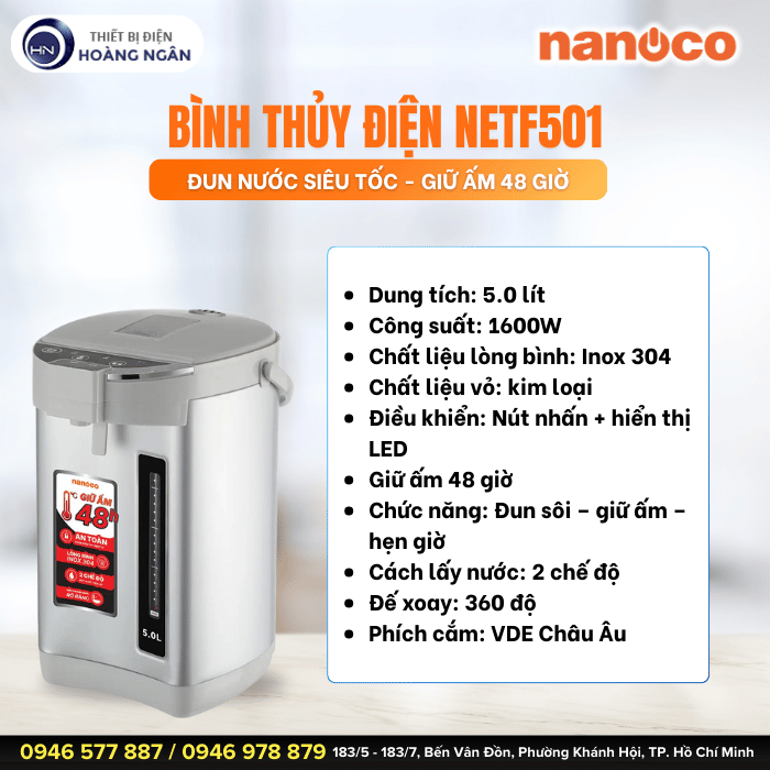 Bình Thủy Điện Màu Trắng Nanoco NETF501 5L - 1600W