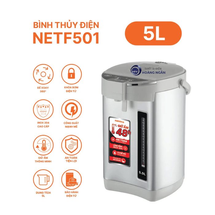 Bình Thủy Điện Màu Trắng NETF501 5L - 1600W Nanoco