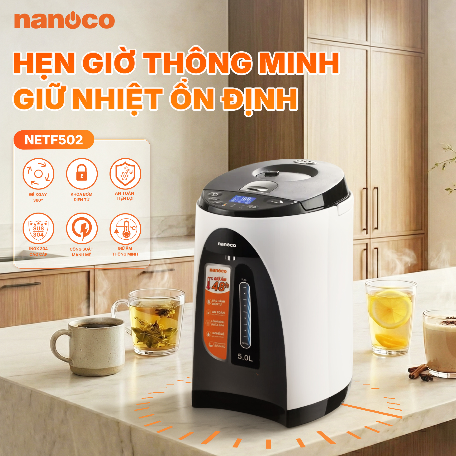 Bình Thủy Điện Nanoco NETF502 1200W - 5L Trắng hiện đại Mới 2026
