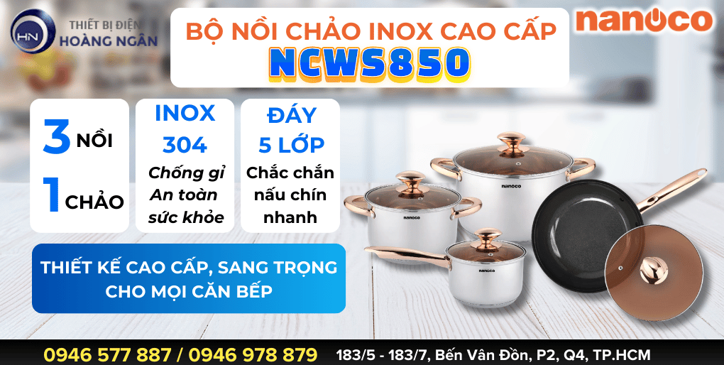 Bộ Nồi Inox 304 NANOCO NCWS850 Cao Cấp - Chất liệu an toàn - Kiểu dáng sang trọng