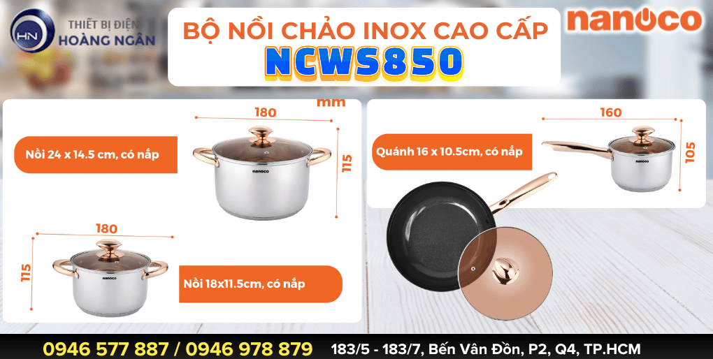 Bộ Nồi Inox 304 NANOCO NCWS850 Cao Cấp - Chất liệu an toàn - Kiểu dáng sang trọng