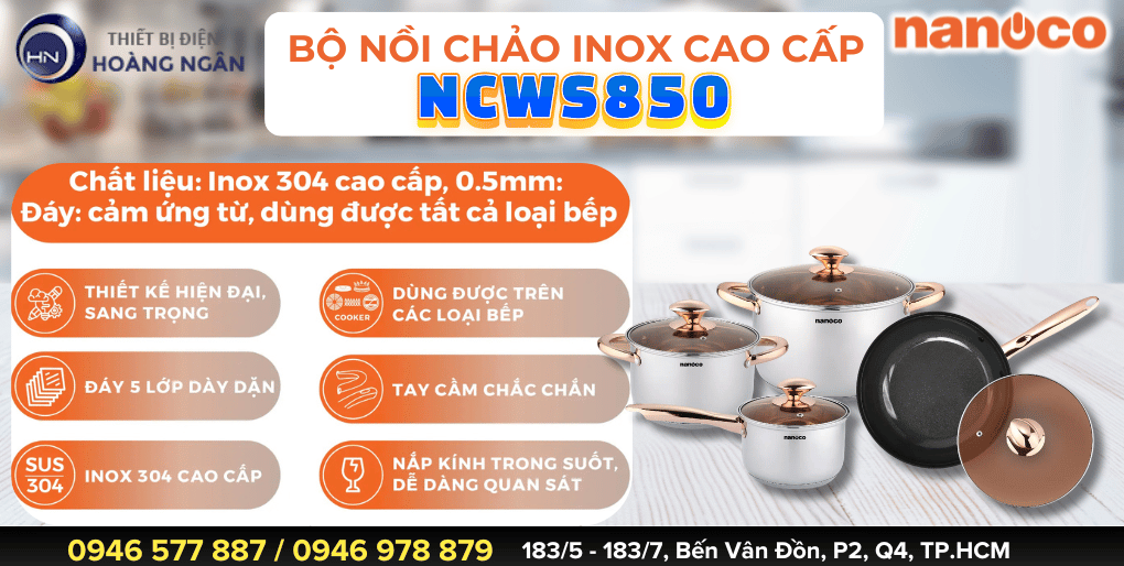 Bộ Nồi Inox 304 NANOCO NCWS850 Cao Cấp - Chất liệu an toàn - Kiểu dáng sang trọng