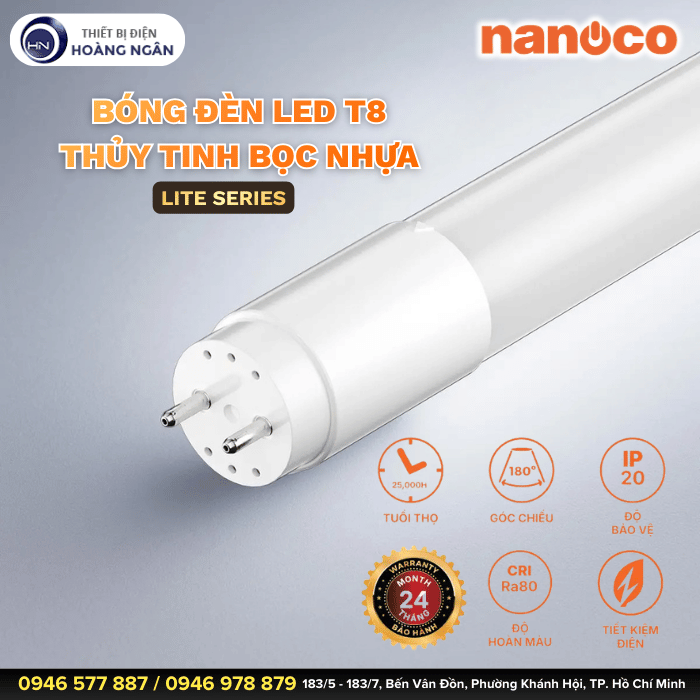 Bóng Đèn LED 1m2 T8 Thủy Tinh Bọc Nhựa Nanoco - Lite Series (Mới 2025)
