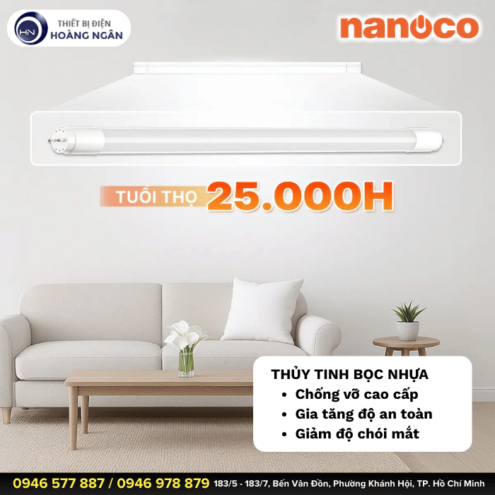Bóng Đèn LED 1m2 Thủy Tinh Bọc Nhựa T8 Nanoco (Dòng Tiêu Chuẩn)