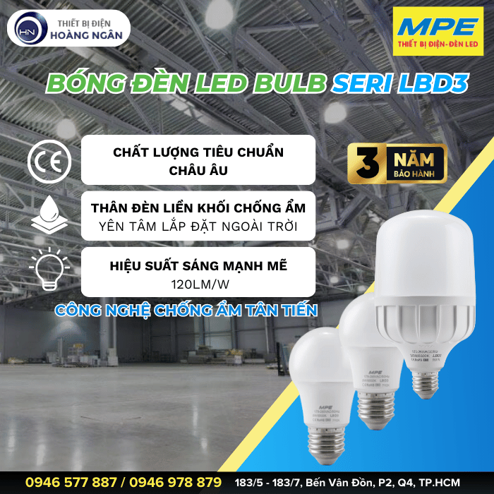 Bóng Đèn LED Bulb Trụ Chống Ẩm E27 MPE  Seri LBD3