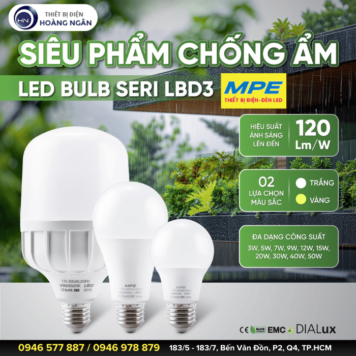 Bóng Đèn LED Bulb Trụ Chống Ẩm E27 MPE  Seri LBD3