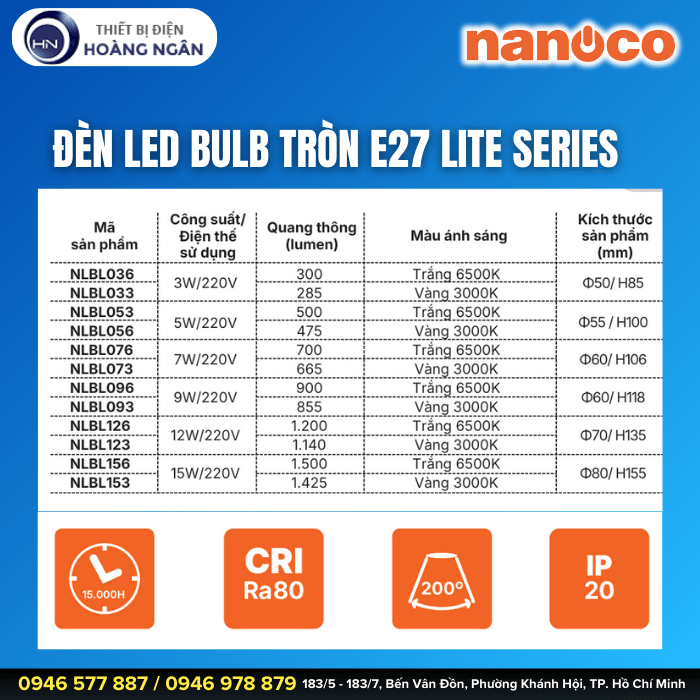 Bóng Đèn LED Tròn E27 Lite Series Nanoco