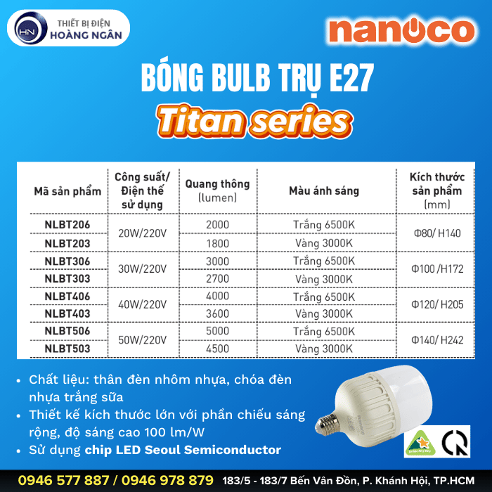 Bóng LED Bulb Trụ 20W NLBT206 E27 TITAN Series IP20 Nanoco