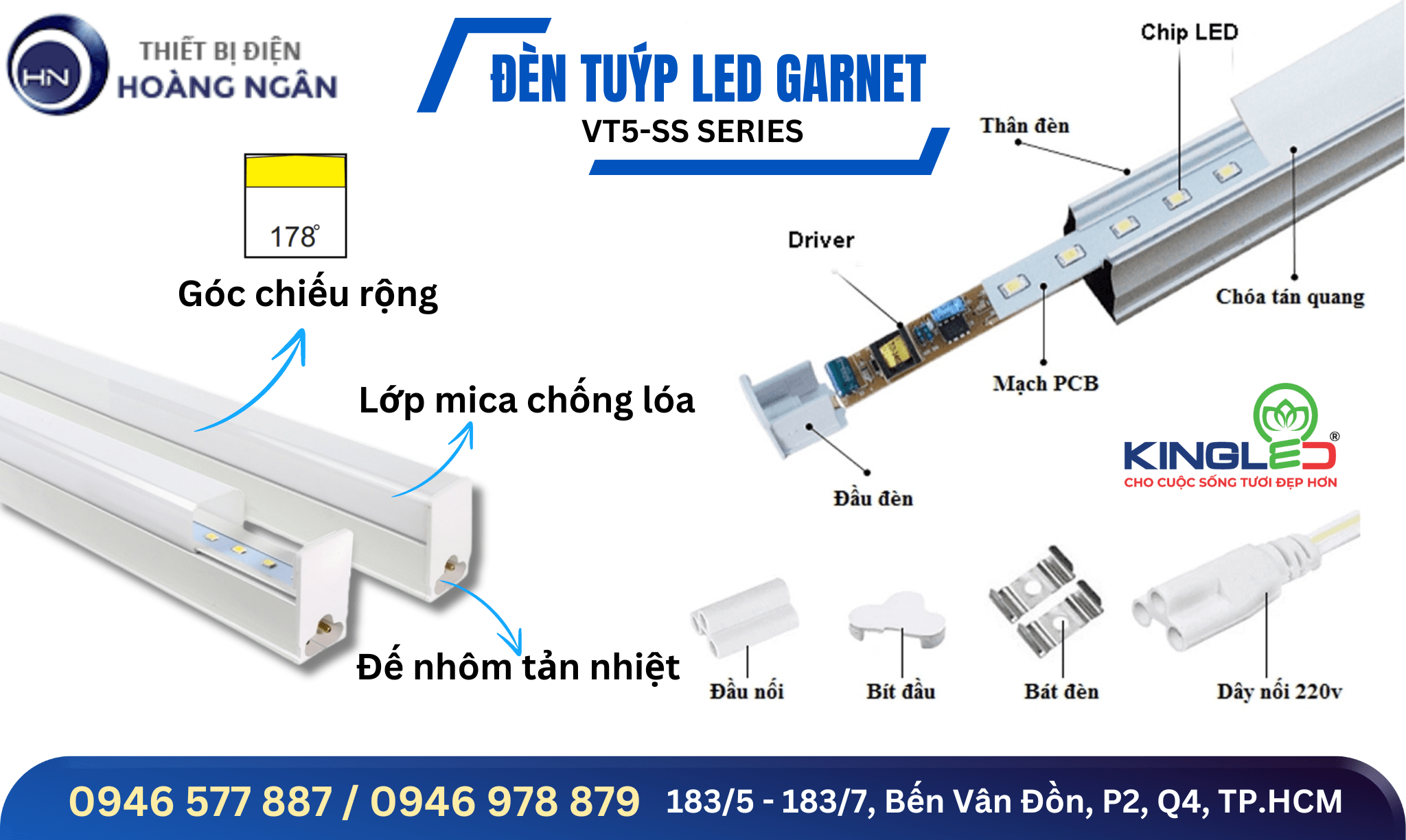 Cấu tạo Đèn Tuýp LED T5 Garnet VT5-SS Liền Máng KingLED