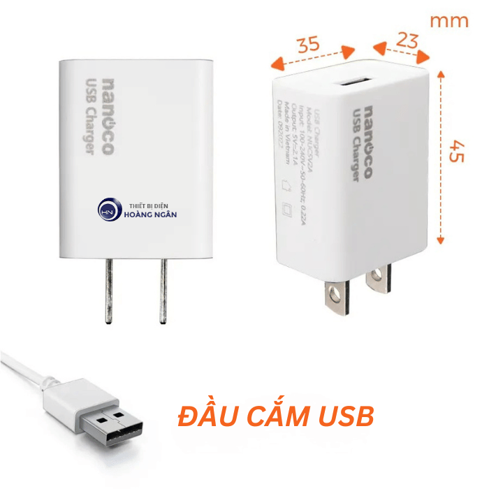 Cốc Sạc USB NUC5V2A Nanoco Max 10.5W, Loại Chân Cắm Dẹp