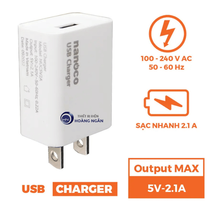 Cốc Sạc USB NUC5V2A Nanoco Max 10.5W, Loại Chân Cắm Dẹp