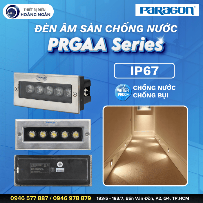 Chuẩn bảo vệ IP67 – Chống nước, chống bụi tuyệt đối  Một trong những ưu điểm nổi bật nhất của Paragon PRGAA Series là chuẩn chống xâm nhập IP67. Điều này có nghĩa là đèn hoàn toàn chống bụi và chống nước hiệu quả ngay cả khi tiếp xúc với mưa hoặc tưới tiêu thường xuyên.  Cấu trúc kín hoàn toàn giúp ngăn nước thấm vào bên trong thân đèn, đảm bảo hoạt động ổn định và an toàn trong mọi điều kiện thời tiết khắc nghiệt. Đây là yếu tố quan trọng giúp PRGAA trở thành lựa chọn lý tưởng cho các công trình ngoài trời, sân vườn, biệt thự, khu nghỉ dưỡng hoặc công viên.