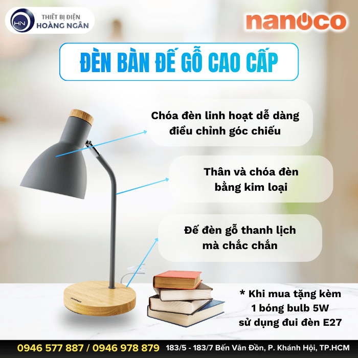 Đèn bàn học đế gỗ Nanoco NDKC03WG