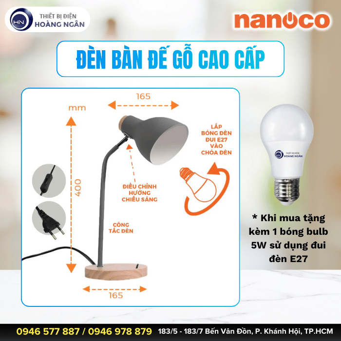 Đèn Bàn Học Đế Gỗ Nanoco NDKC03WG
