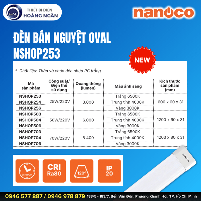 Đèn Bán Nguyệt Oval Nanoco NSHOP253 Thân Nhựa