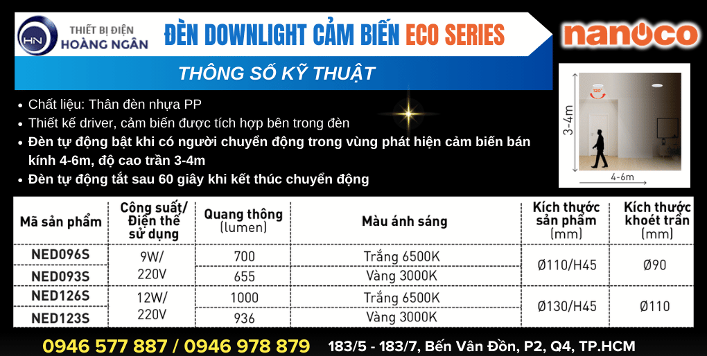 Thông số kỹ thuật Đèn Cảm Biến Downlight ECO Series Nanoco