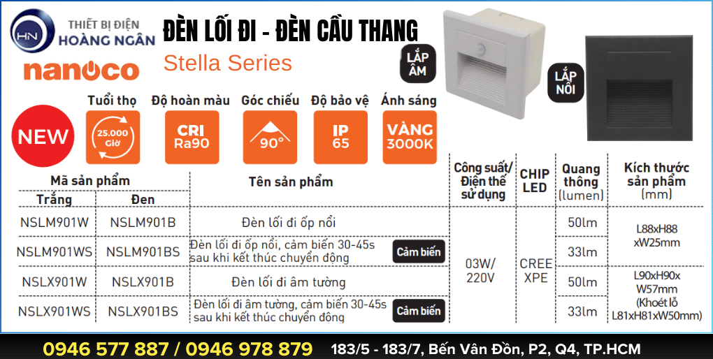 Thông số kỹ thuật Đèn Chân Cầu Thang Chống Nước Nanoco Stella Series