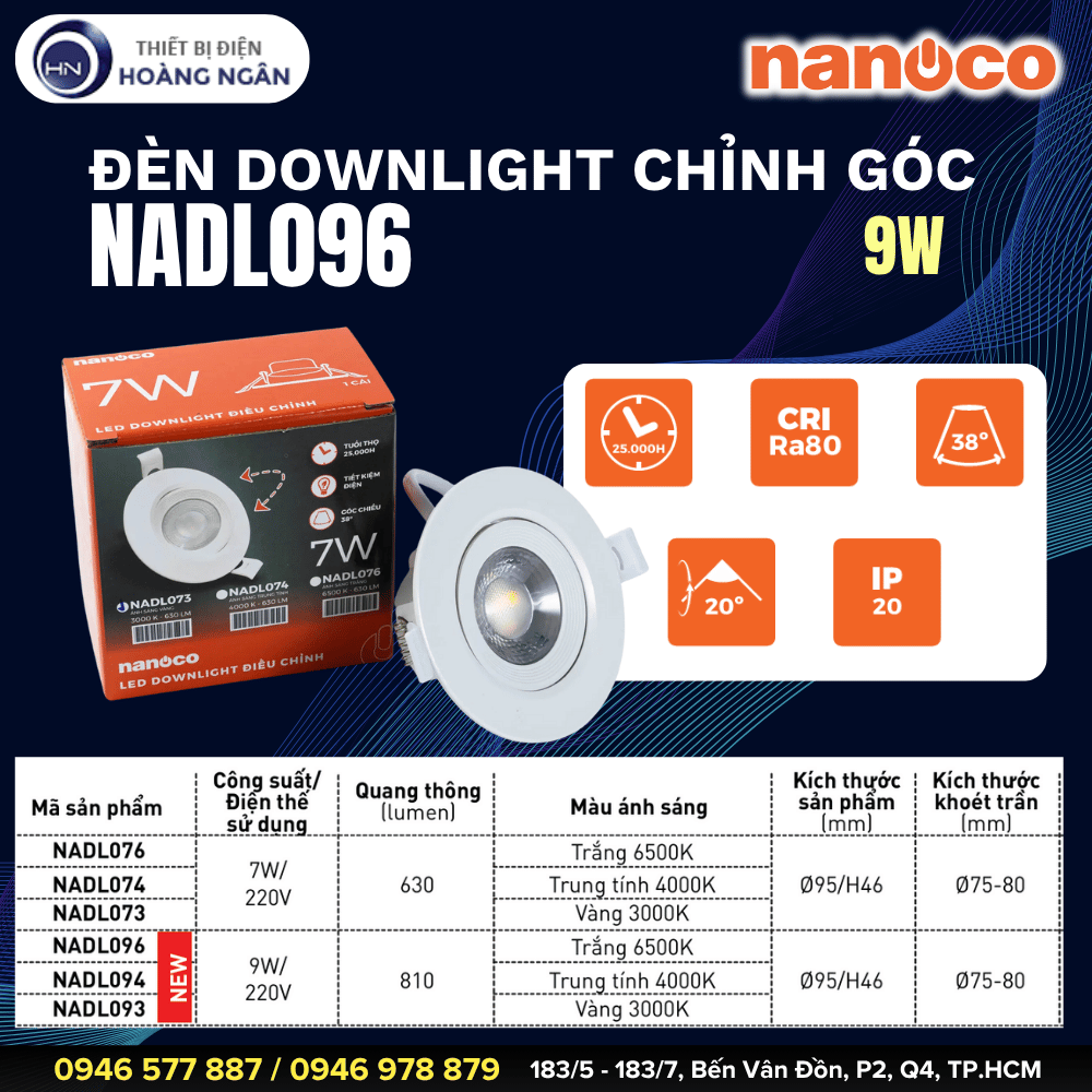 Đèn Downlight Chỉnh Góc Nanoco NADL096