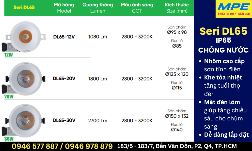 Đèn LED Downlight Chống Ẩm MPE - Seri DL65