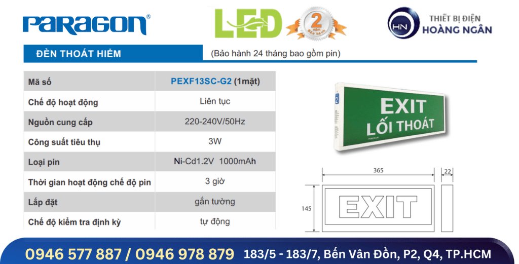 Đèn Exit Paragon PEXF23SC-G2 Thoát Hiểm 1 Mặt  Có Chứng Nhận PCCC