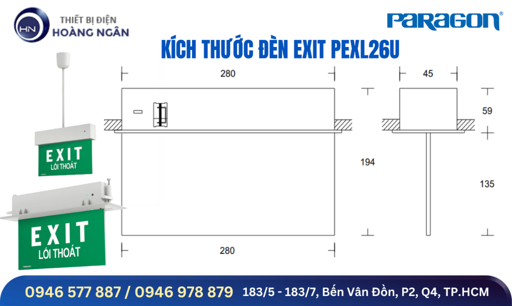 Kích thước Đèn Exit Thoát Hiểm Paragon PEXM27U 