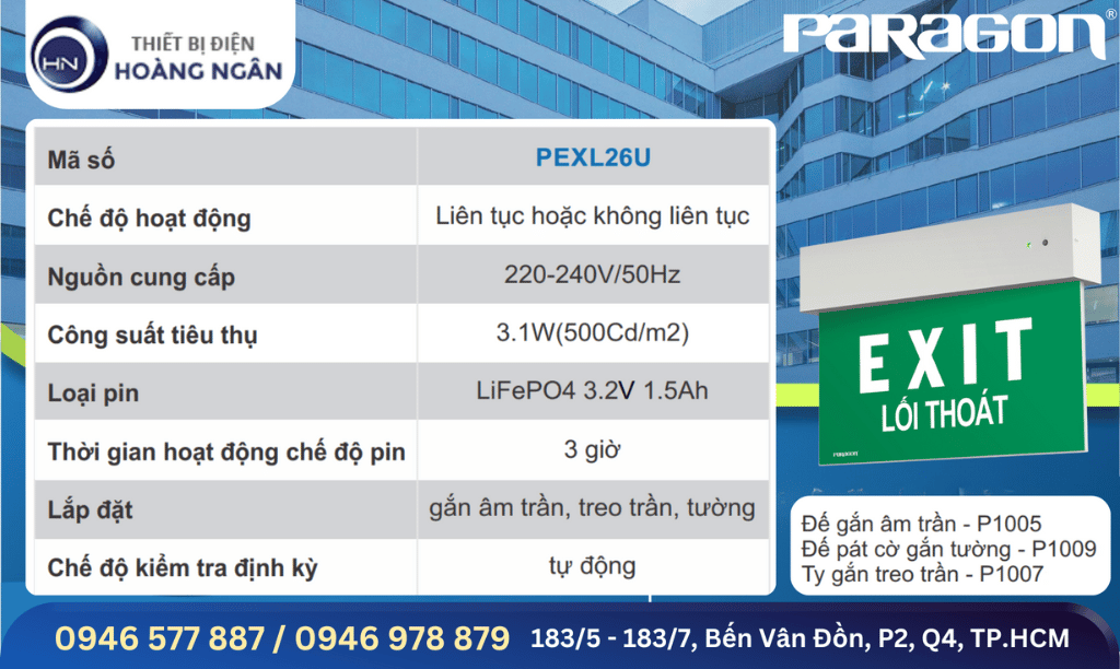 Thông số Đèn Exit Thoát Hiểm Paragon PEXM27U 