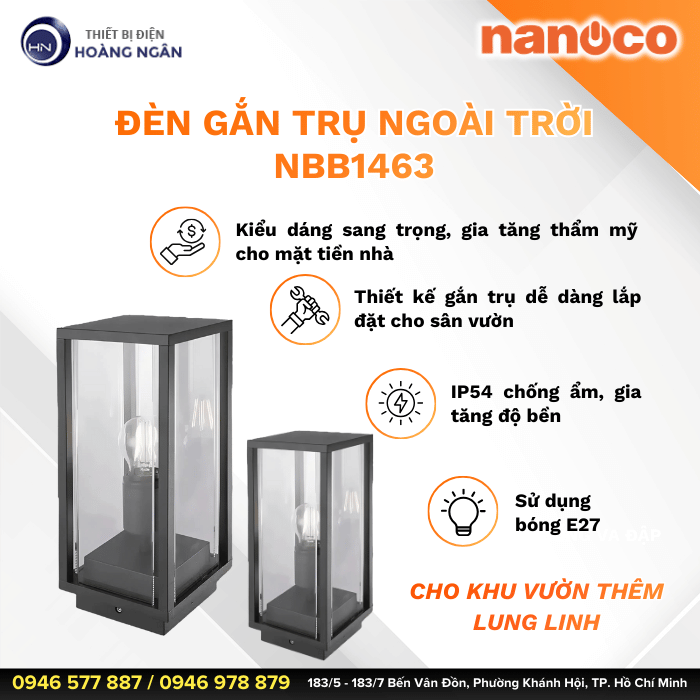 Đèn Gắn Trụ Ngoài Trời Dùng Bóng E27 NBB1463 Nanoco