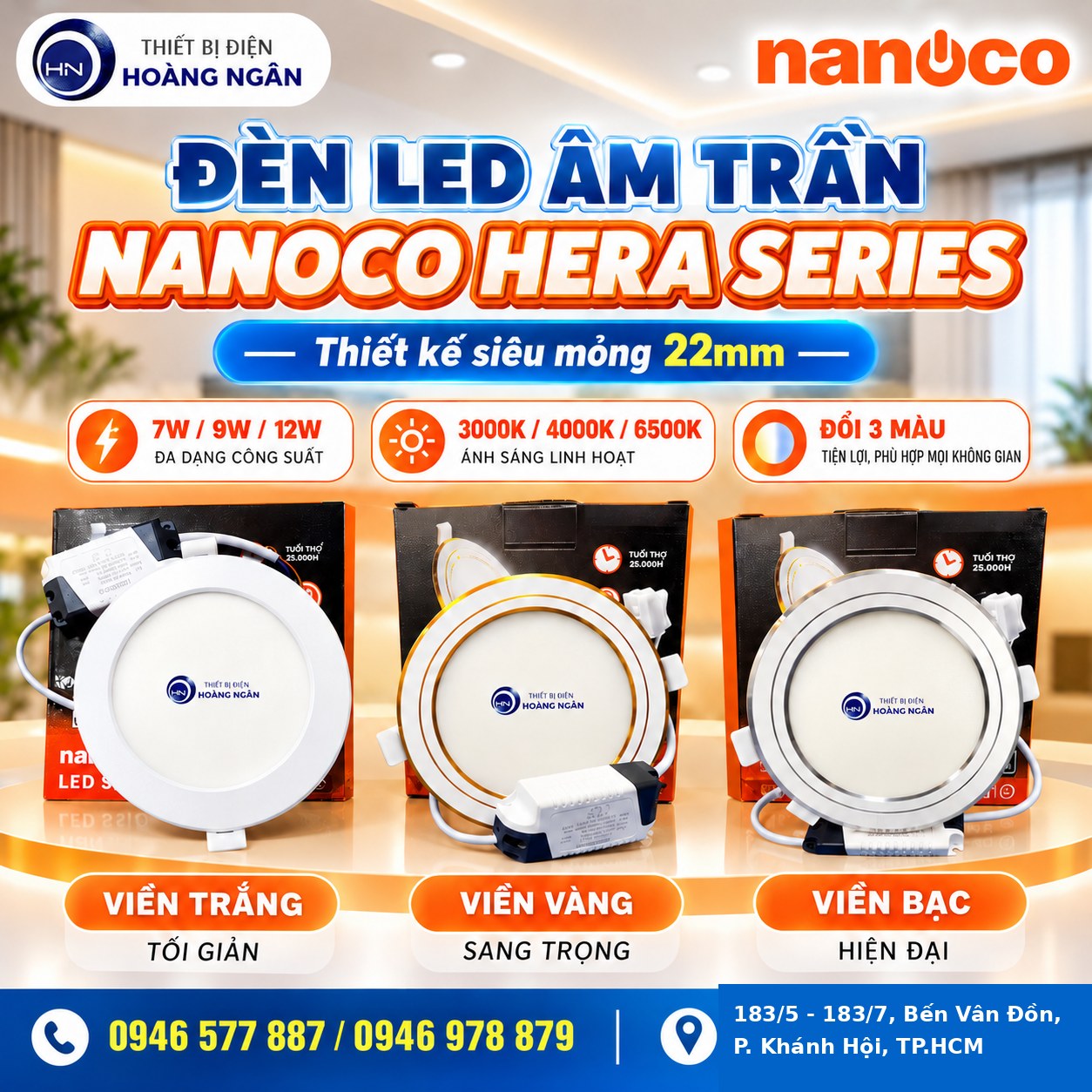 Đèn LED âm trần Nanoco Hera Series 7W 9W 12W viền trắng vàng bạc