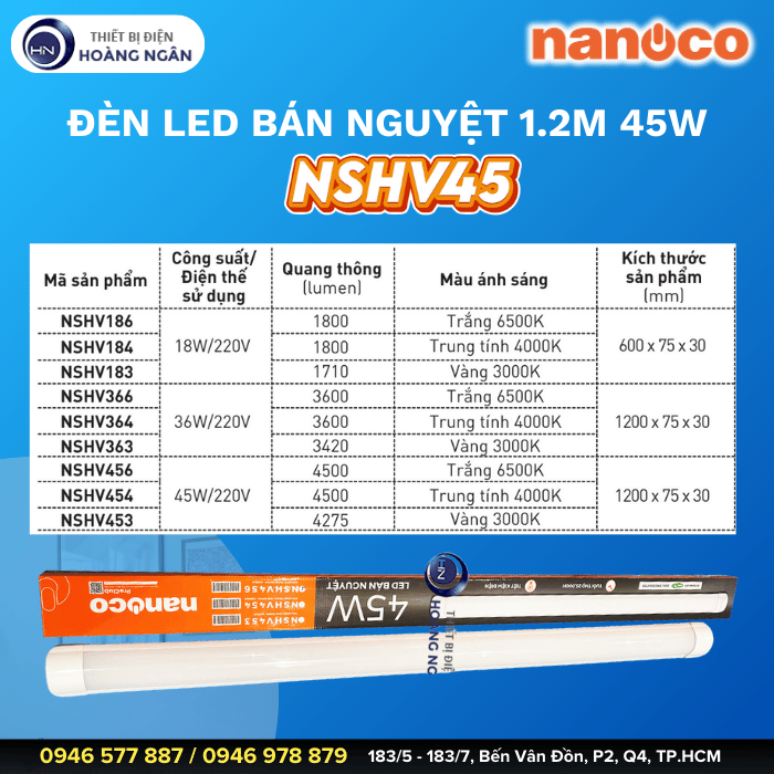 Đèn LED Bán Nguyệt Thân Nhôm 1.2m NSHV456 45W Nanoco