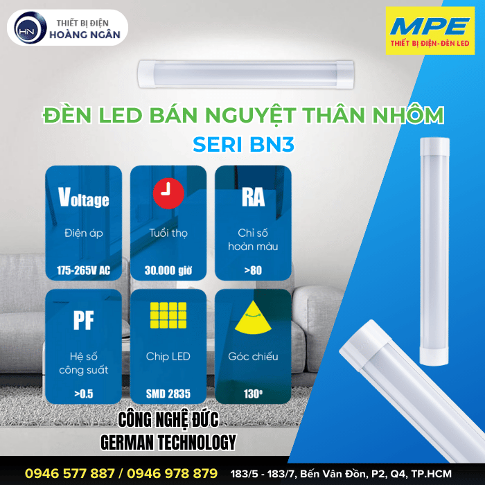Đèn LED Bán Nguyệt Thân Đèn Nhôm MPE  Seri BN3&nbsp;
