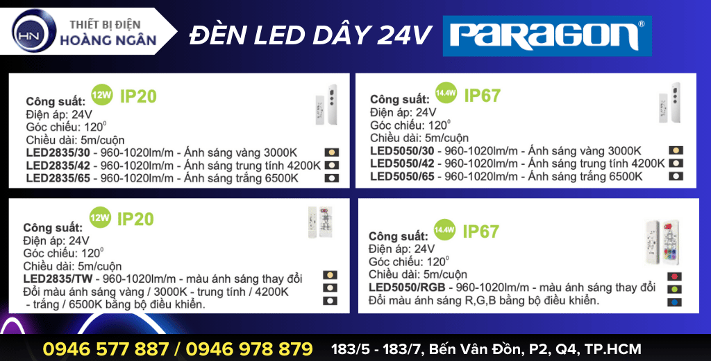 Phụ kiện Đèn LED Dây 24V Paragon - Đèn LED dây trang trí