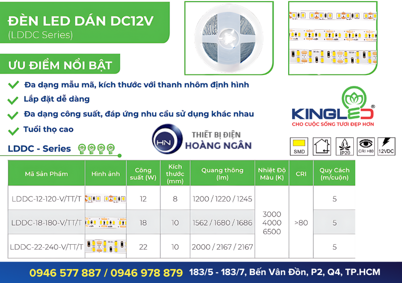 Thông số kỹ thuật của Đèn Led Dây Dán Tường Kingled DC12V LDDC Series