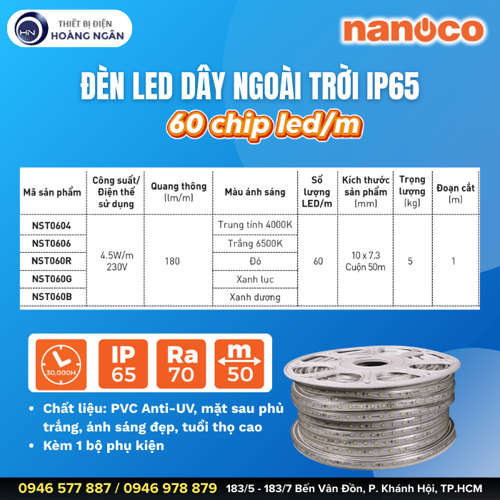 Đèn LED Dây Ngoài Trời Nanoco 60 chip LED IP65