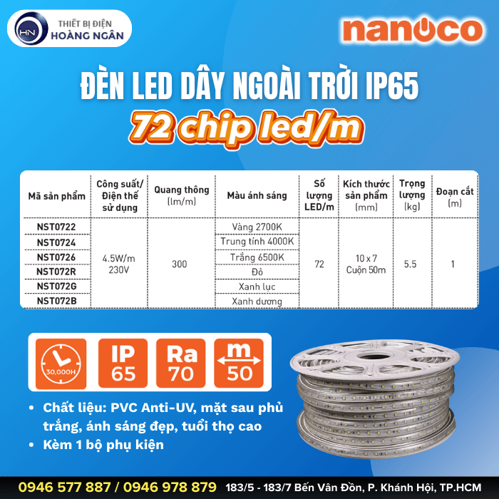 Đèn LED Dây Ngoài Trời Nanoco 72 chip LED IP65