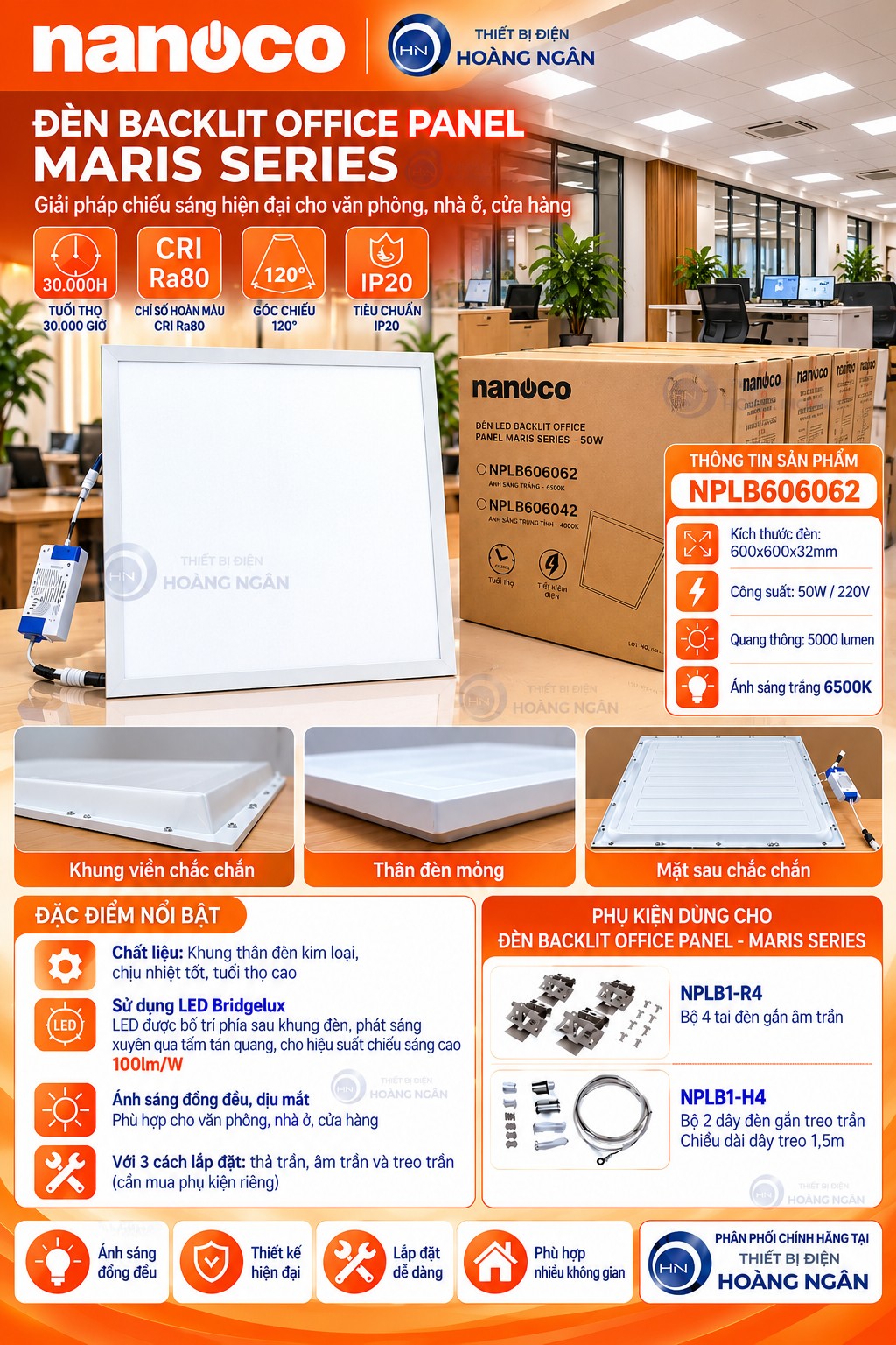 Đèn LED Panel Nanoco NPLB606062 50W 600x600 Maris Series
