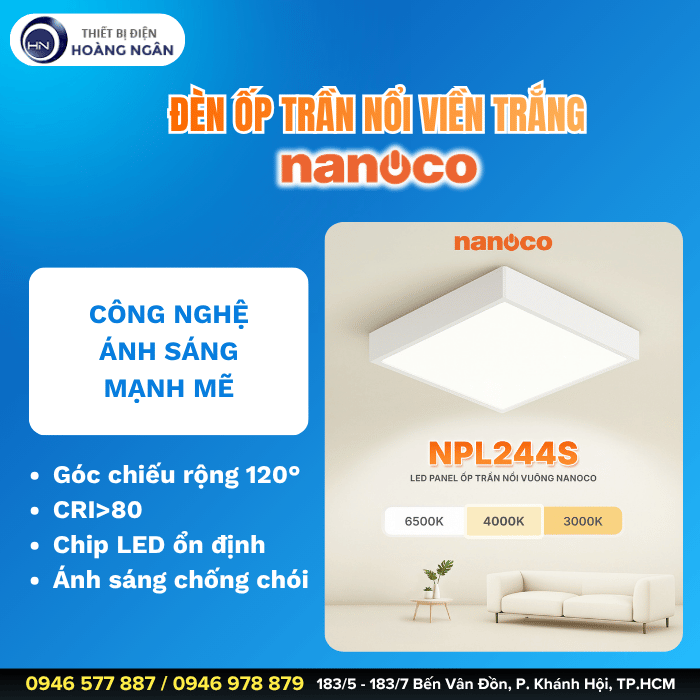 Đèn LED Panel Vuông Ốp Trần Nổi Viền Trắng Nanoco