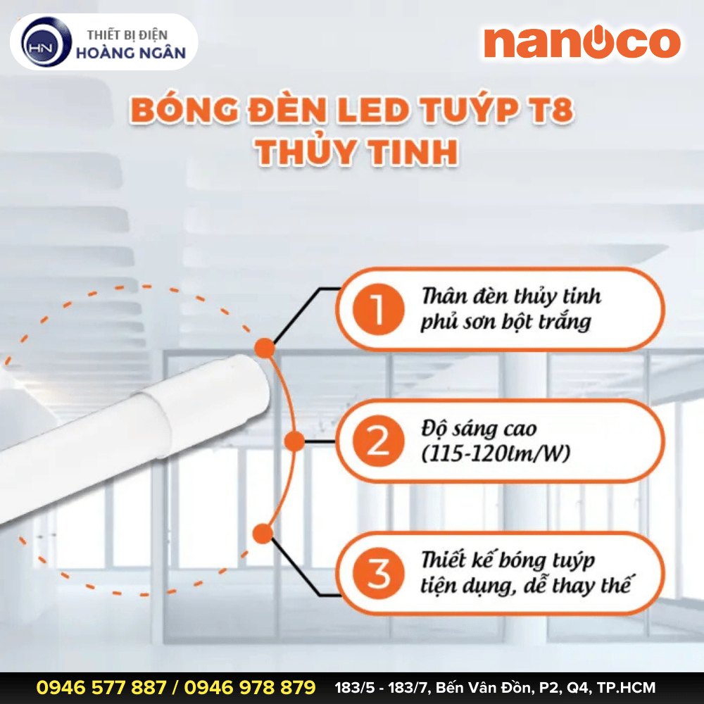 Đèn LED Tuýp T8 Thủy Tinh Nanoco