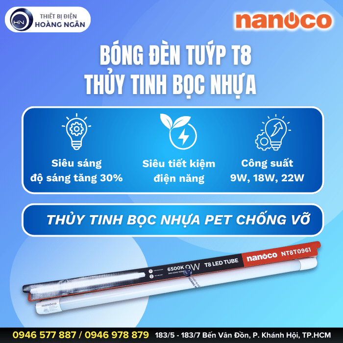 Đèn LED Tuýp T8 Thủy Tinh Bọc Nhựa Nanoco