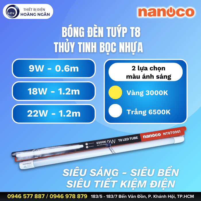 Bóng Đèn LED 1m2 Thủy Tinh Bọc Nhựa T8 Nanoco (Dòng Tiêu Chuẩn)