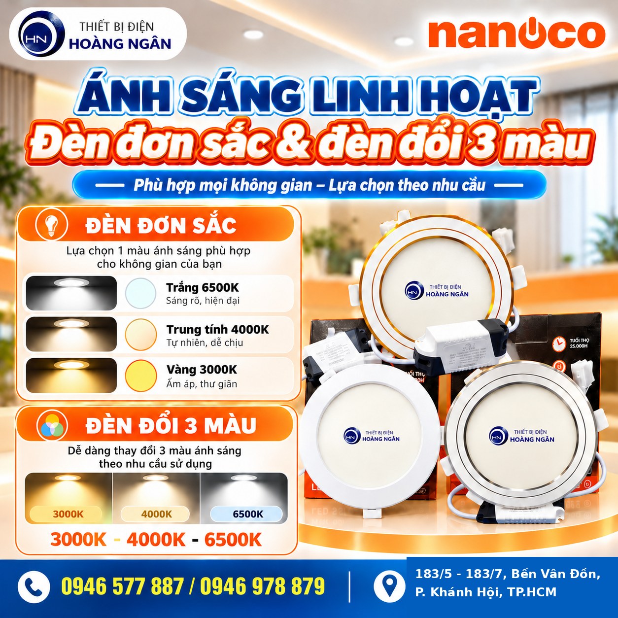 Đèn Nanoco Hera Series ánh sáng 3000K 4000K 6500K và đổi 3 màu