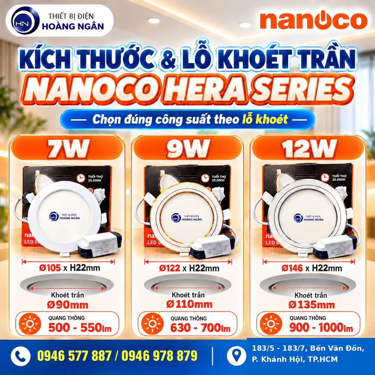 Kích thước và lỗ khoét trần đèn Nanoco Hera Series 7W 9W 12W