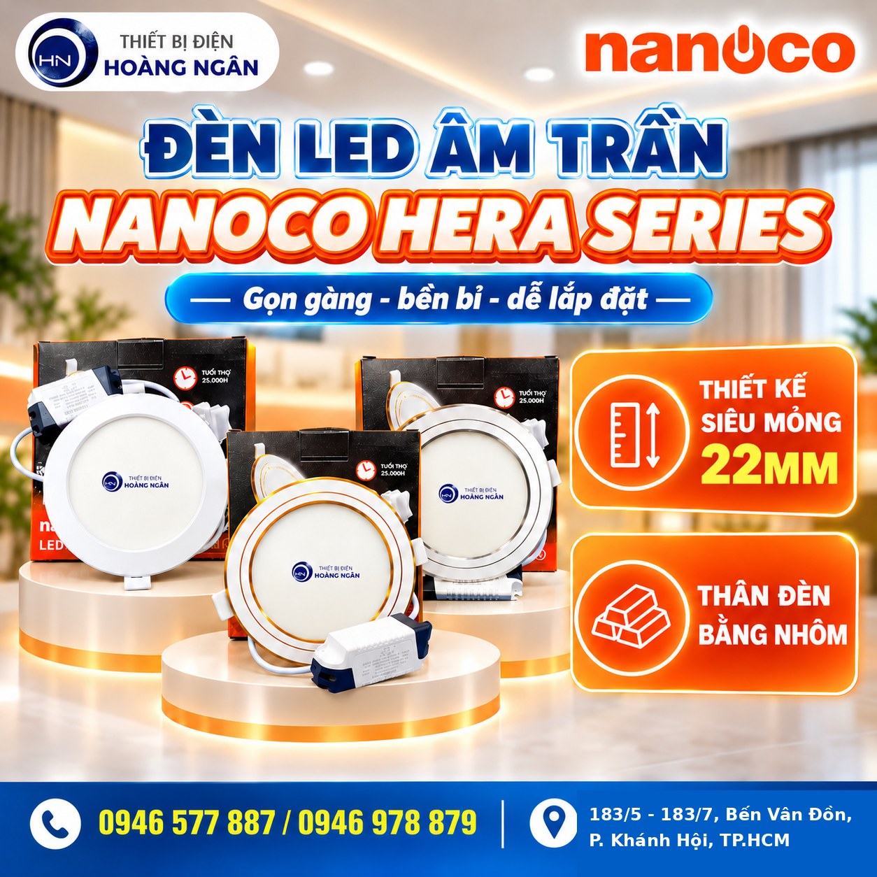 Đèn Nanoco Hera Series thiết kế siêu mỏng 22mm thân nhôm