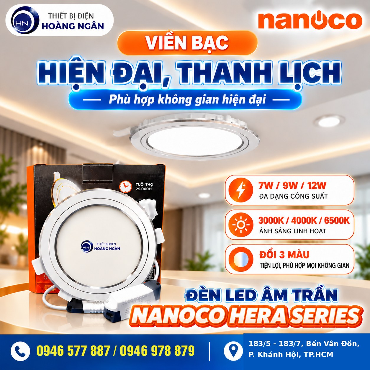 Đèn LED âm trần Nanoco Hera Series viền bạc