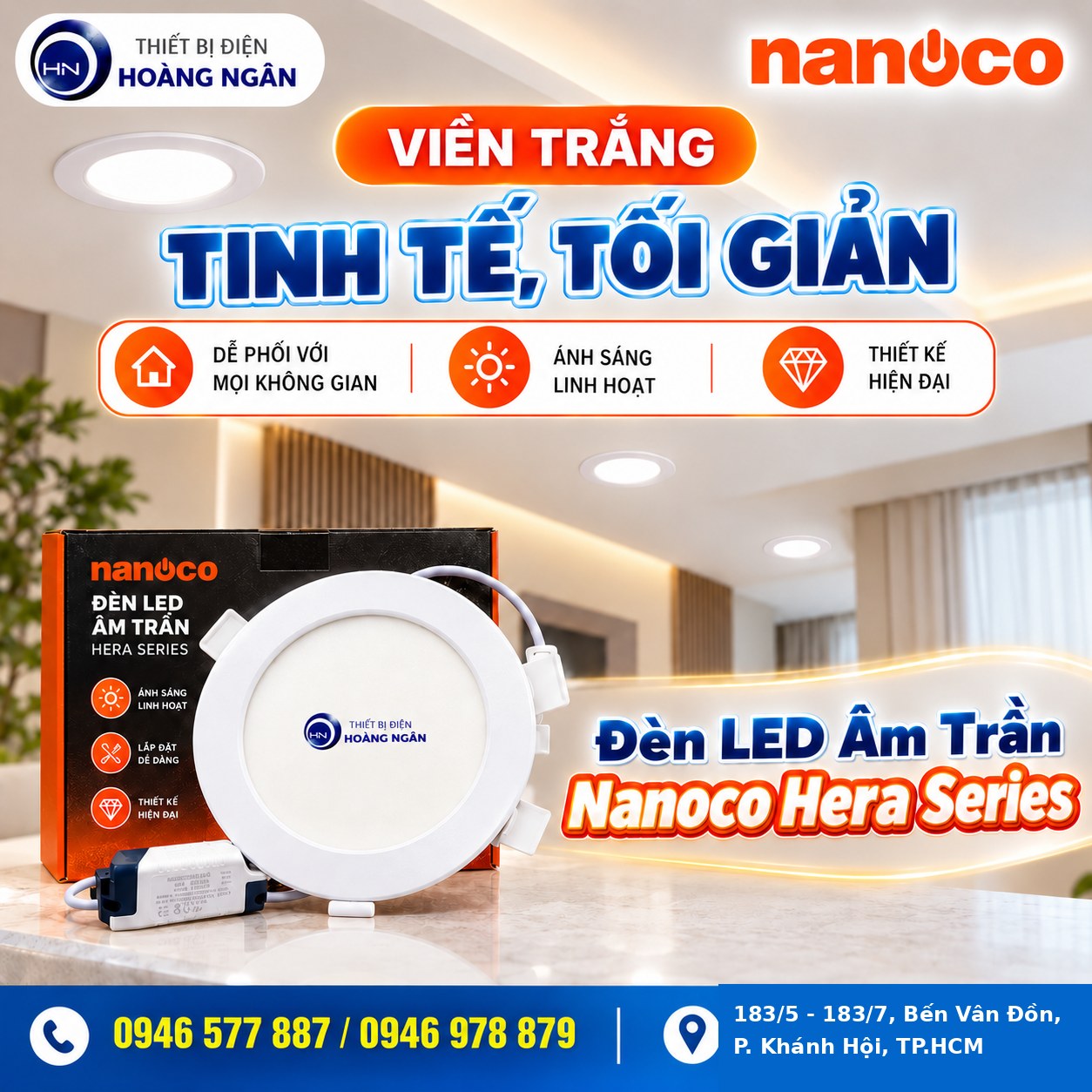 Đèn LED âm trần Nanoco Hera Series viền trắng
