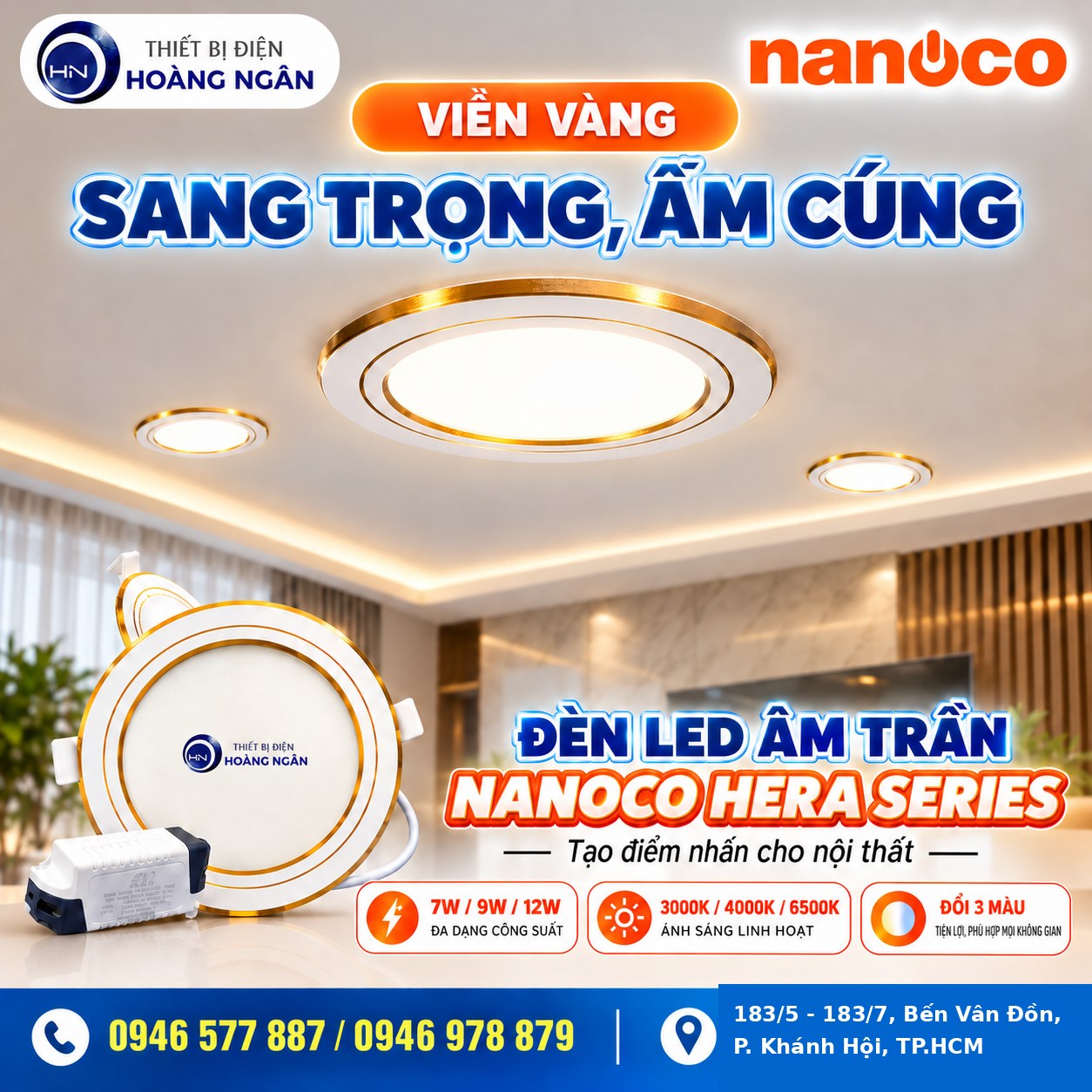 Đèn LED âm trần Nanoco Hera Series viền vàng