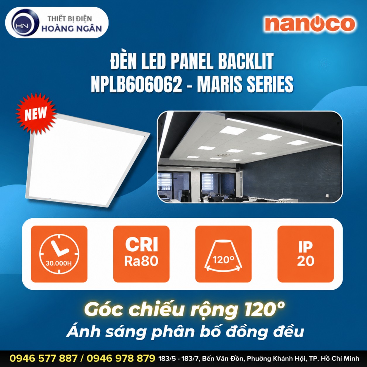Đèn Panel Nanoco NPLB606062 góc chiếu rộng 120 độ CRI Ra80 IP20