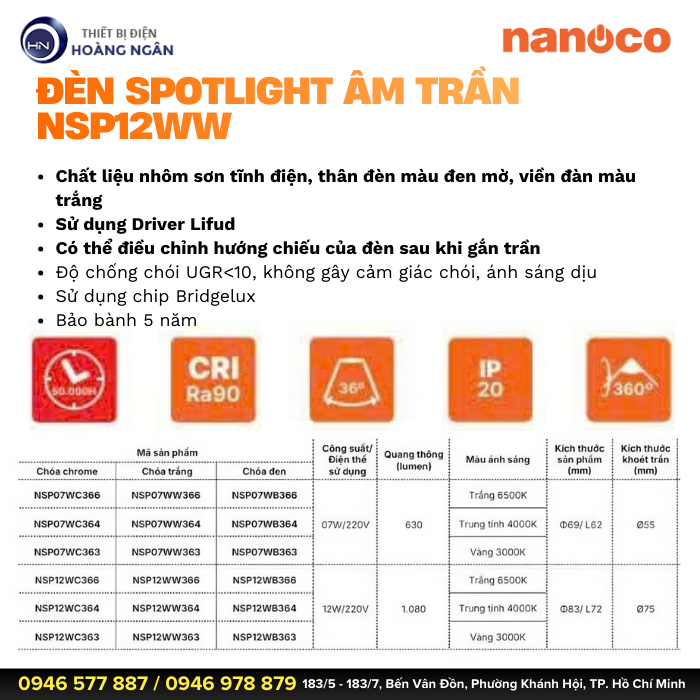 Đèn Spotlight Chiếu Điểm Điều Chỉnh Góc Chiếu 360° Nanoco NSP12WW366 - Mới 2025