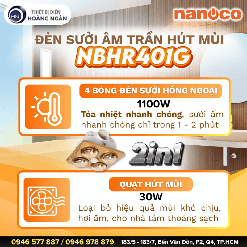 Đèn Sưởi Âm Trần 4 Bóng Nanoco NBHR401G