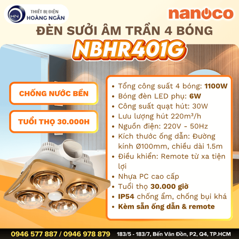 Đèn Sưởi Âm Trần 4 Bóng Nanoco NBHR401G